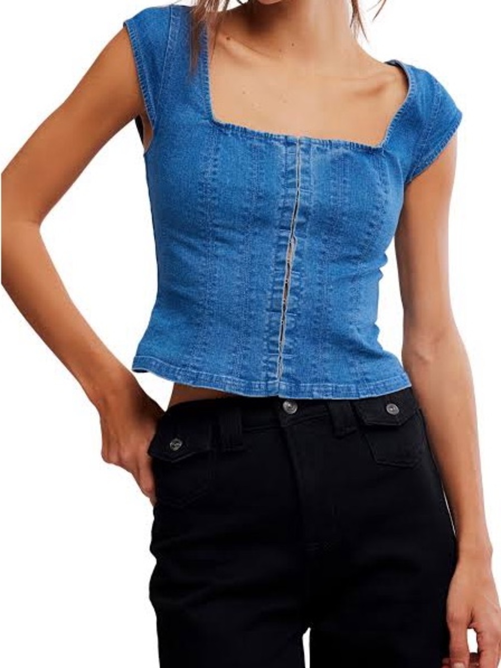 Free People Marilyn Blue Denim Square-Neck Corset Crop Top